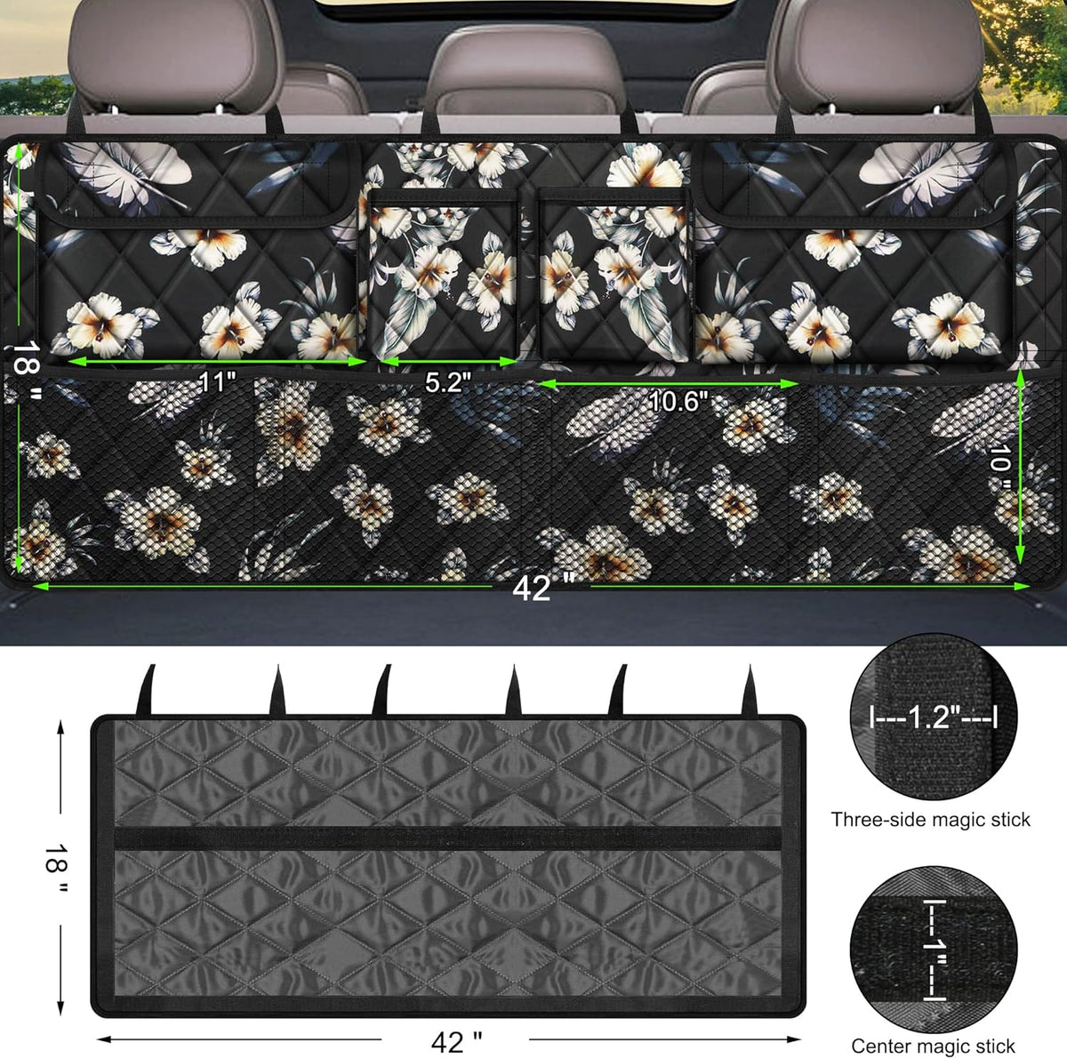 Femuar Car Trunk Organizer, Large Capacity Backseat Trunk Organizer (42"*18"), Collapsible Car Storage Bag with 8 Pockets, SUV/MPV/Truck - Black