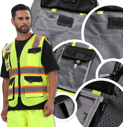 JKSafety Hi Vis Reflective Safety Vests for Men Women High Visibility Vest with Pockets Mesh Fabric Construction Safety Apparel Neon Vest for Work (220-Black L)
