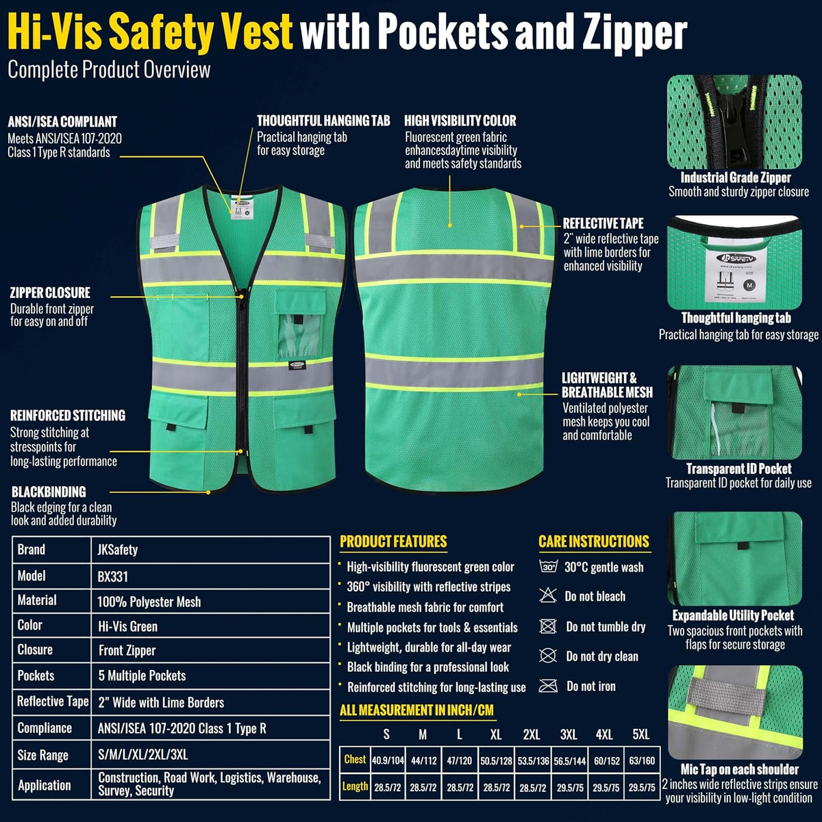 JKSafety Safety Vest for Men Women Hi Vis Relfective Vest with Pockets High Visibility Meet ANSI Standard
