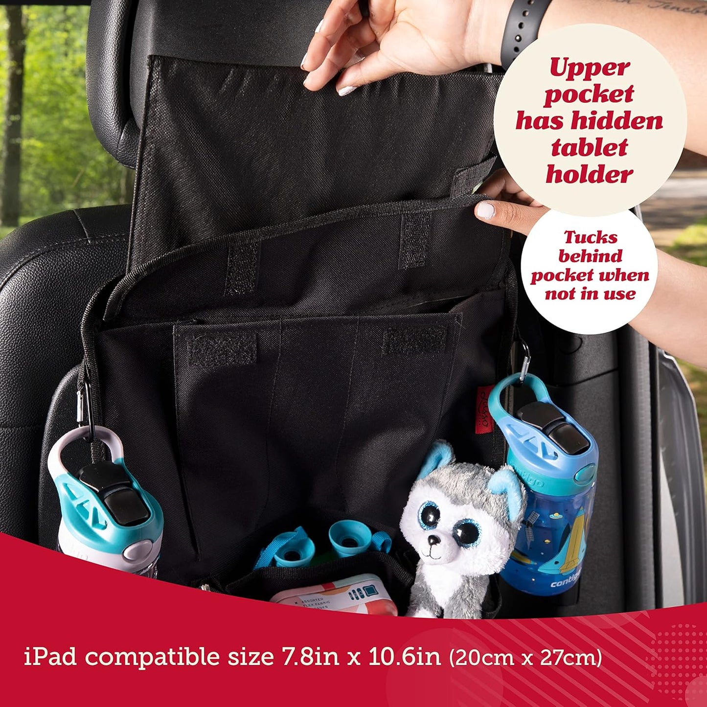 Lusso Gear Backseat Car Organizer- Kick Mat Protects Against Kids Feet - 12 Large Storage Pockets - iPad,Tablet, Water Bottle Holder- Durable, Heavy Duty Road Trip Essential (Black)
