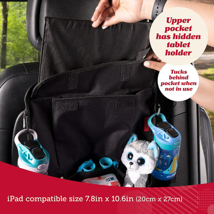 Lusso Gear Backseat Car Organizer- Kick Mat Protects Against Kids Feet - 12 Large Storage Pockets - iPad,Tablet, Water Bottle Holder- Durable, Heavy Duty Road Trip Essential (Black)