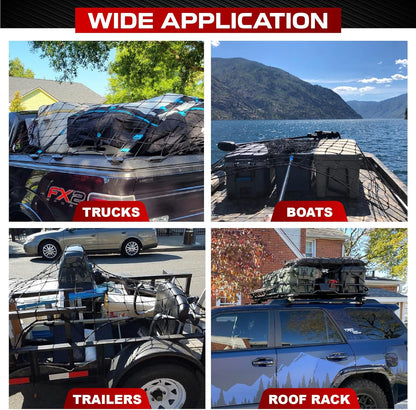 [Premium] 4'x6' Heavy Duty Cargo Net Stretches to 8' x 12', Extra Thick 10mm Cord Bungee Cargo Netting for Pickup Truck Bed, Roof Rack Net & 12 PCS Steel Carabiners