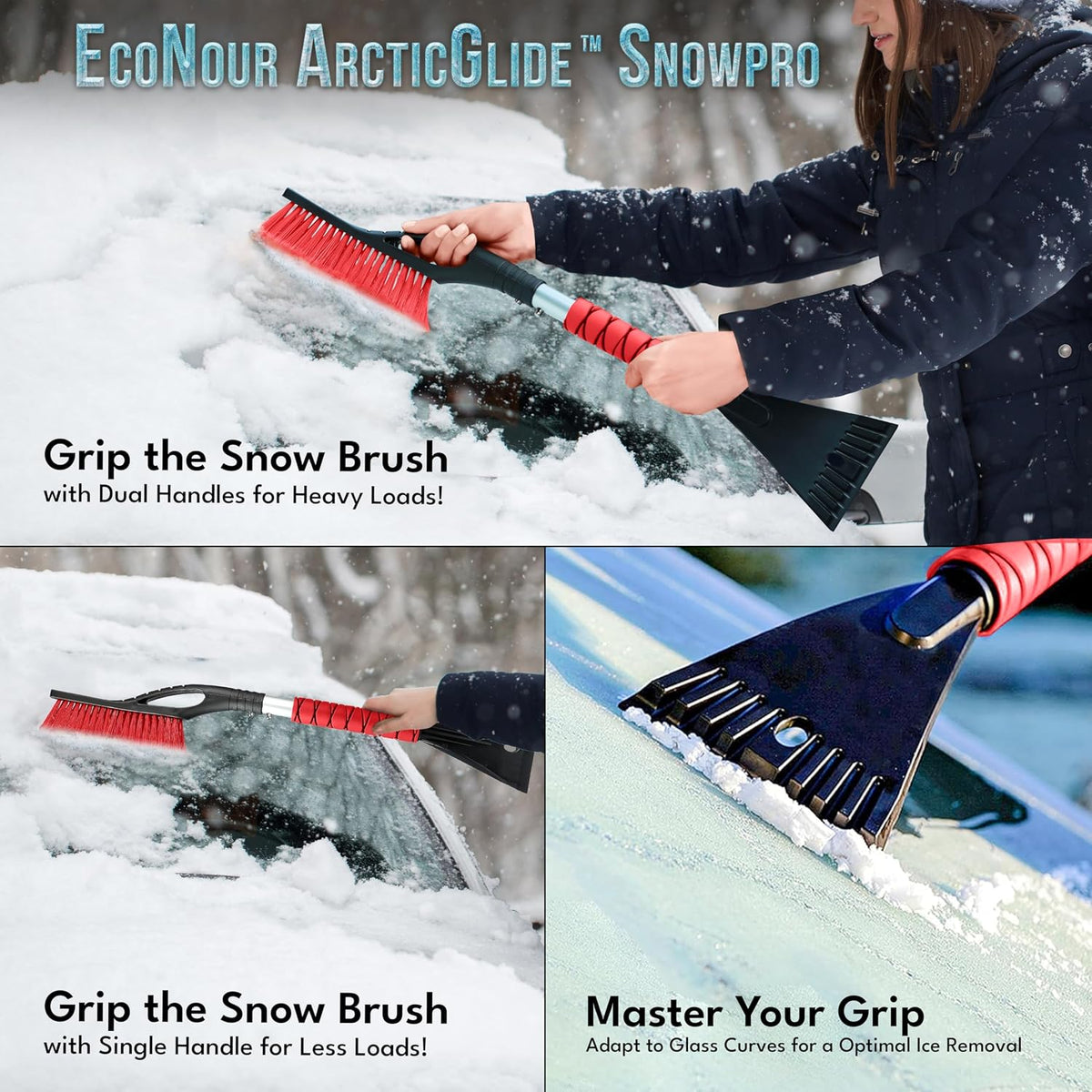 EcoNour 27" Car Snow Brush and Ice Scrapers for Car Windshield (2 Pack) | Scratch Free Bristle Head Snow Brush & Tough Window Snow Scraper with Aluminium Body | Snow Removal Winter Car Accessories
