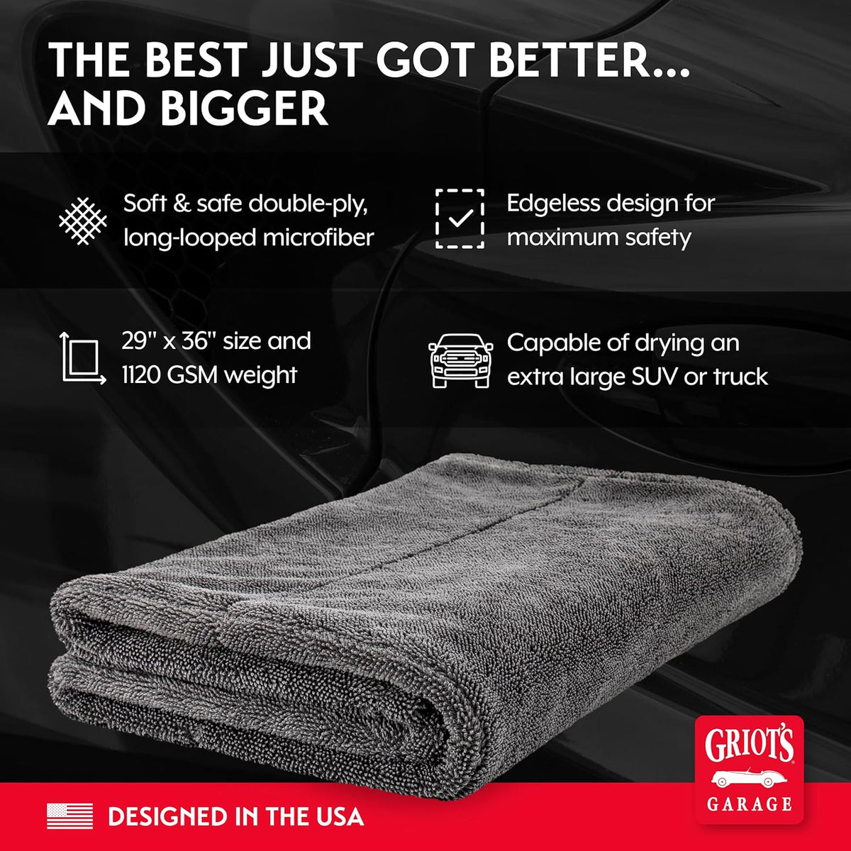 Griot's Garage Extra-Large PFM Edgeless Microfiber Drying Towel for Car Wash and Detailing, Ideal for SUVs, Trucks, and RVs, 29" x 36", 55596