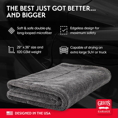 Griot's Garage Extra-Large PFM Edgeless Microfiber Drying Towel for Car Wash and Detailing, Ideal for SUVs, Trucks, and RVs, 29" x 36", 55596