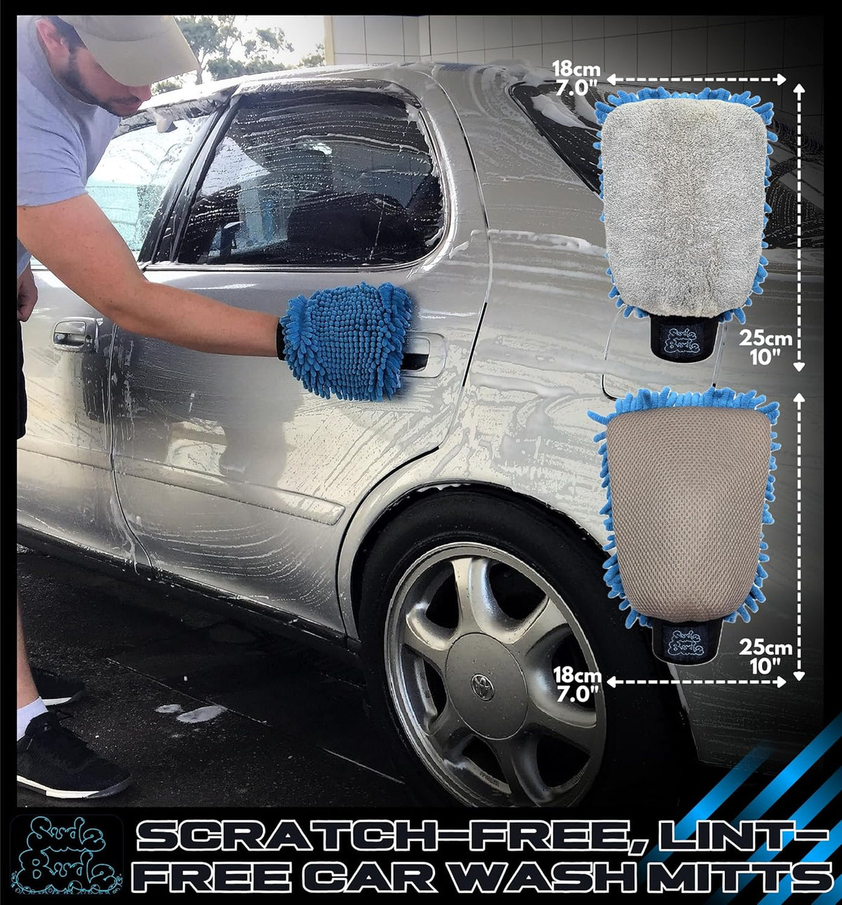 Sudz Budz® Premium Microfiber Chenille Car Washing Mitt 2 Pack | 2-in-1 Double-Sided Scrubber and Fleece Mitts. Soft, Durable, No Scratch, Lint-Free Washing and Detailing for Exterior Car Care