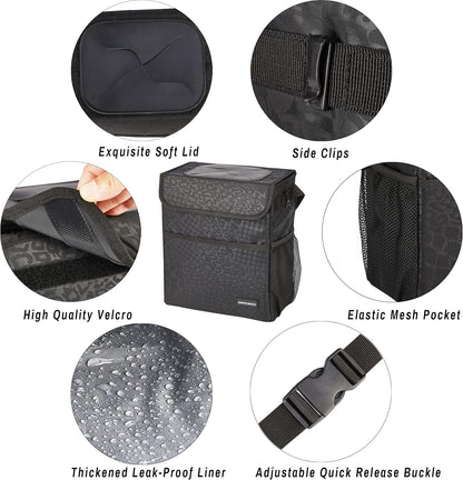 SIBOFUEGO Cute Car Trash Can with Lid – Multipurpose Collapsible Trash Bin for Car, Leak-Proof Organizer, Waterproof Garbage Can with Storage Pockets & Adjustable Straps, 2 Gallons (Black Leopard)