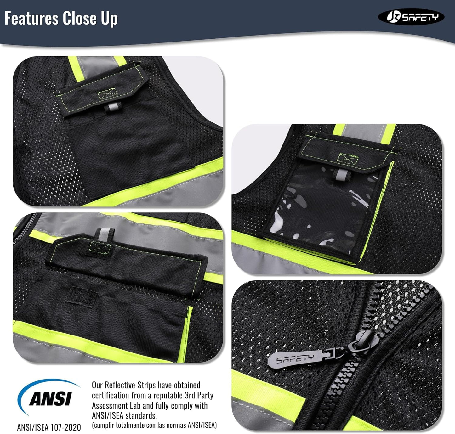 JKSafety Hi Vis Reflective Safety Vests for Men Women High Visibility Vest with Pockets Mesh Fabric Construction Safety Apparel Neon Vest for Work (220-Black L)