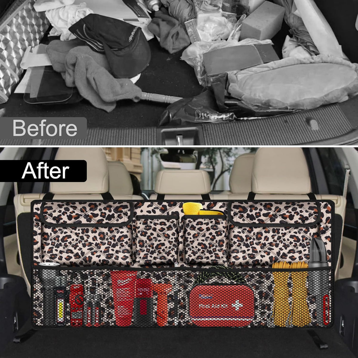 Femuar Car Trunk Organizer, Large Capacity Backseat Trunk Organizer (42"*18"), Collapsible Car Storage Bag with 8 Pockets, SUV/MPV/Truck - Black