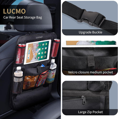 LUCMO Car Backseat Organizer with Tablet Holder,6 Storage Pockets Car Storage Organizer with Foldable Food Tray,Protectors Kick Mats Travel Accessories-Black