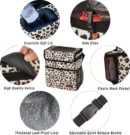 SIBOFUEGO Cute Car Trash Can with Lid – Multipurpose Collapsible Trash Bin for Car, Leak-Proof Organizer, Waterproof Garbage Can with Storage Pockets & Adjustable Straps, 2 Gallons (Black Leopard)