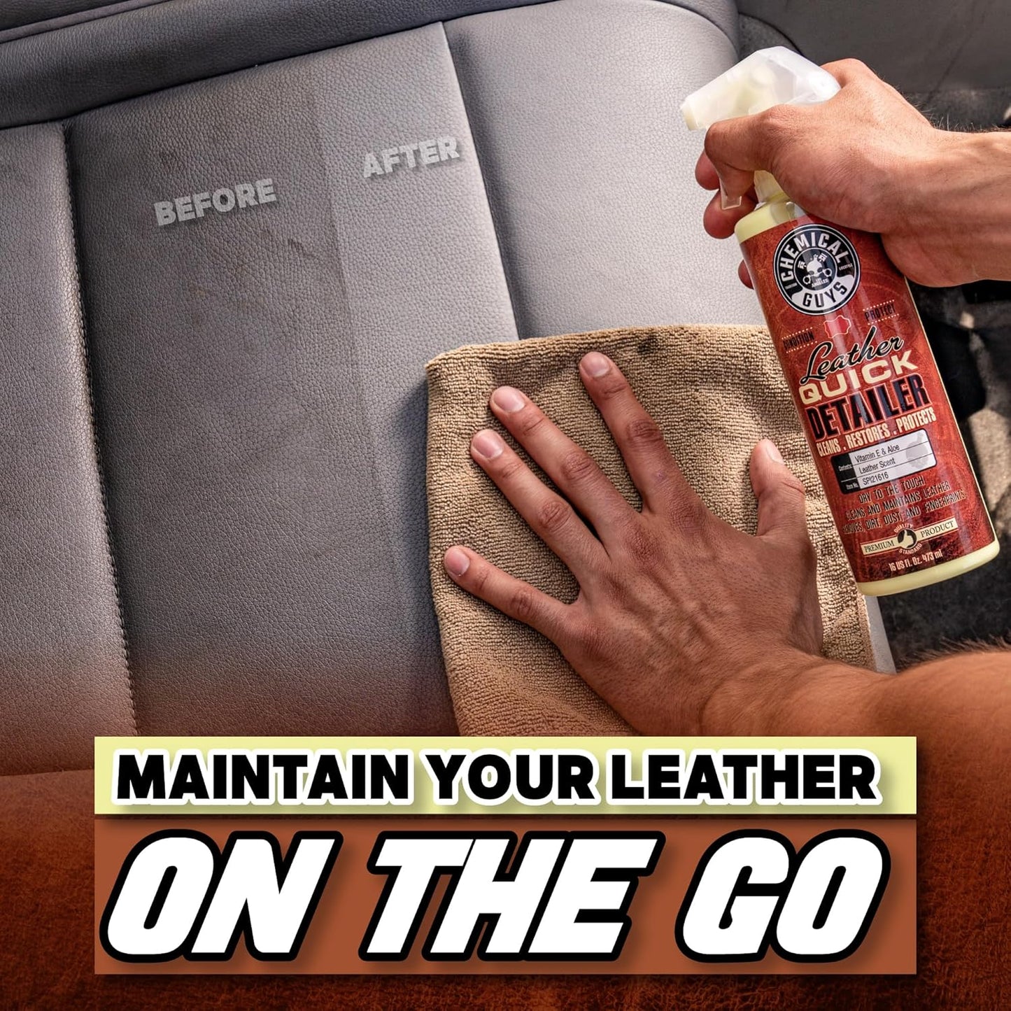 Chemical Guys Leather Quick Detailer - Interior Cleaner and Conditioner for Natural, Synthetic, Pleather, and More, Safe for Car Seats, Furniture, Apparel, Shoes & Boots, Leather Scented - 16 fl oz