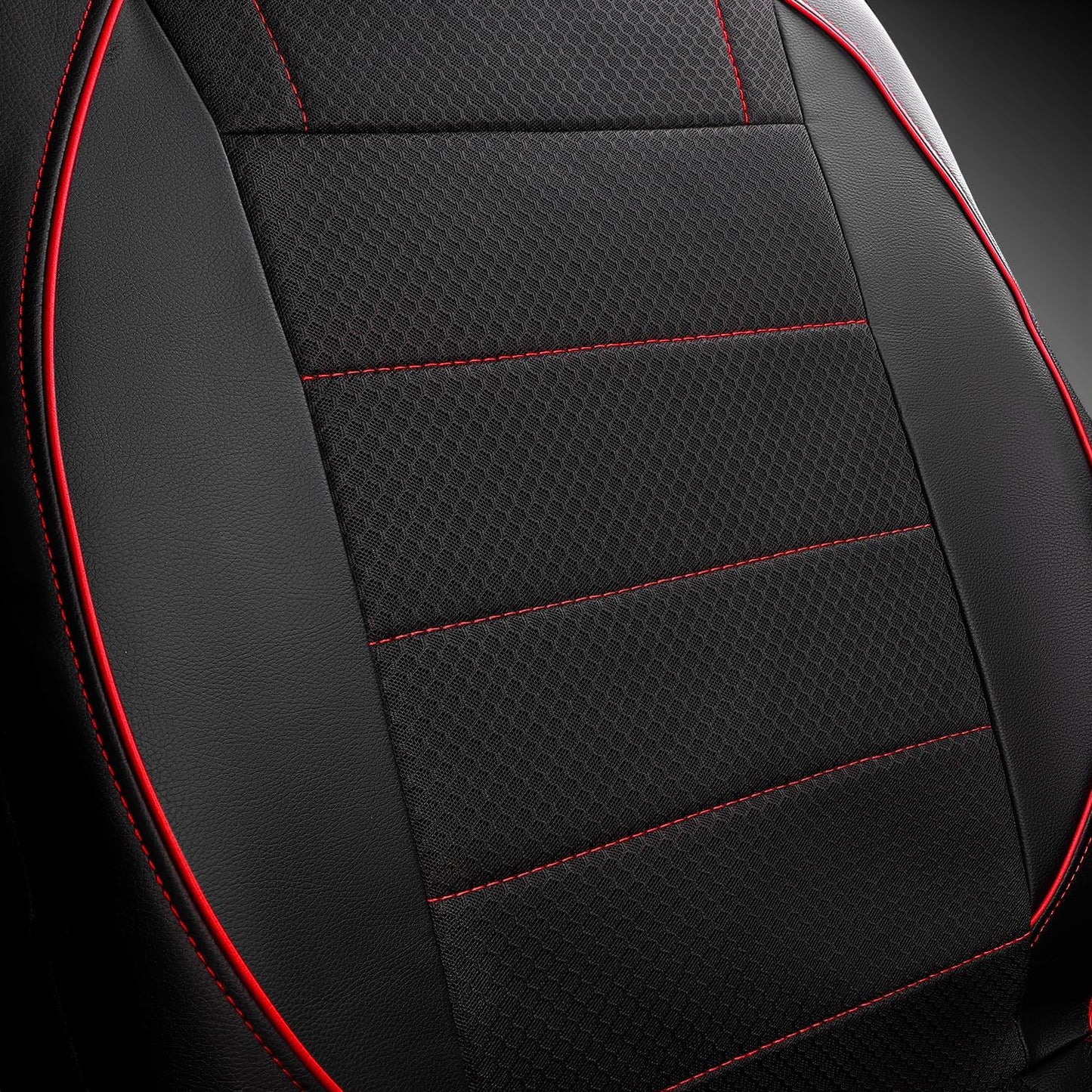 CAR PASS Universal FIT Piping Leather Two Front Seat Covers, Waterproof Faux Leather for SUV Sedan Van Truck, Airbag Compatible,Reserved Opening Holes for Headrest Covers. (Black red)
