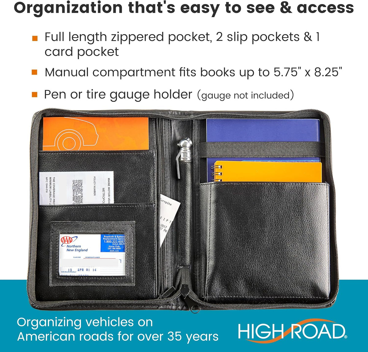 High Road Car Owners Manual Case and Glove Compartment Document Holder - Pebbled Faux Leather Glove Box Organizer for Car, SUV, Truck