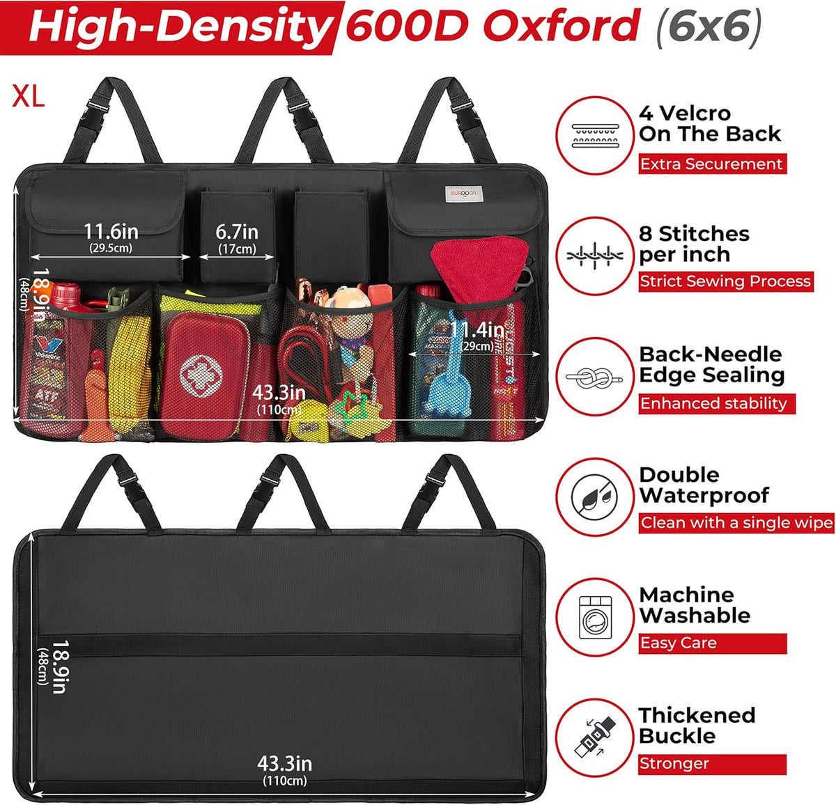 SURDOCA Car Trunk Organizer, LARGE CAPACITY Car Storage Bag with 8 Pockets, 7X Upgraded Trunk Storage Organizer for Car, SUV, Truck, MPV