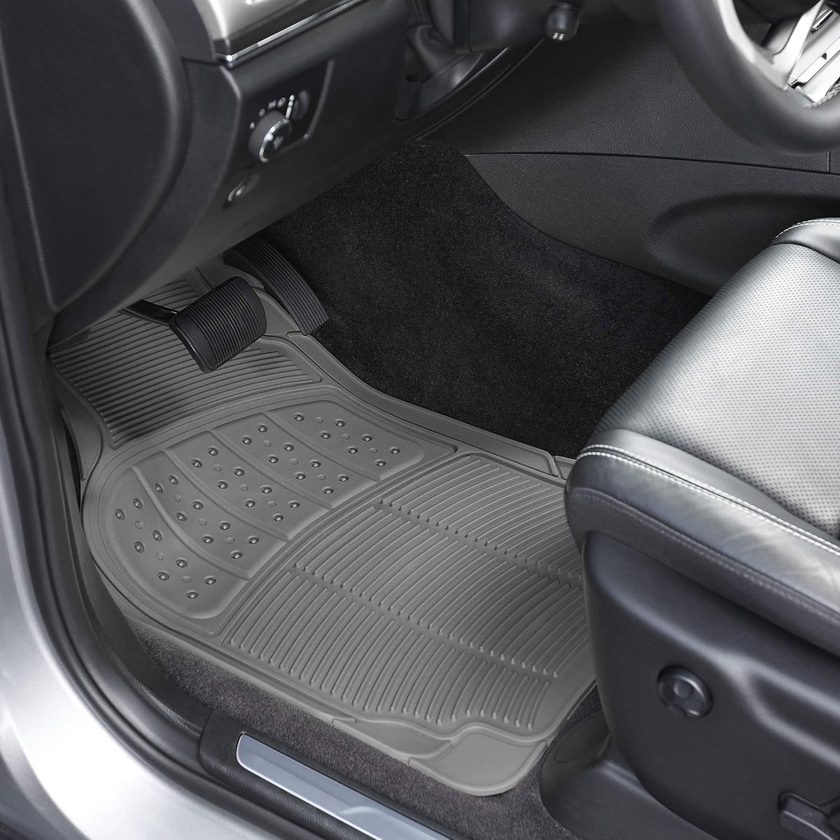 Amazon Basics Universal PVC Faux Rubber Car Floor Mats, Anti-Slip, All Weather Protection, Waterproof Flexible Trim to Fit for 95% Automotive SUV Sedans Trucks, Charcoal Pure Grey, Pack of 3