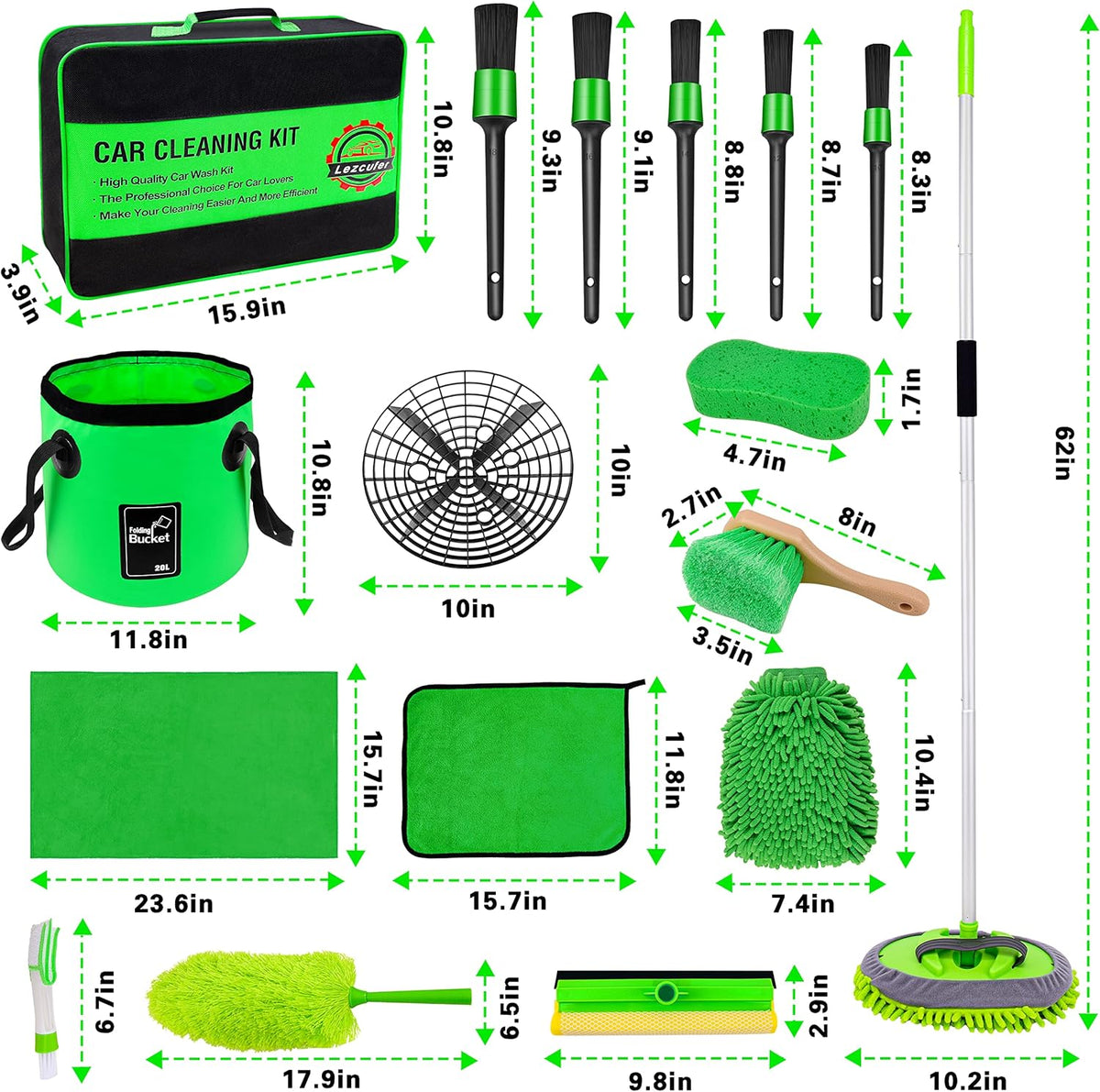 Lezcufer 17Pcs Car Wash Kit,62" Car Wash Brush Mop with Long Handle,Car Cleaning Kit,Car Detailing Brush Set,Car Wash Bucket,Car Wheel Brush,Complete Interior Car Cleaning Supplies