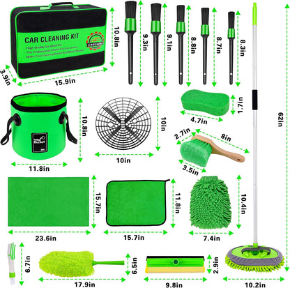 Lezcufer 17Pcs Car Wash Kit,62" Car Wash Brush Mop with Long Handle,Car Cleaning Kit,Car Detailing Brush Set,Car Wash Bucket,Car Wheel Brush,Complete Interior Car Cleaning Supplies