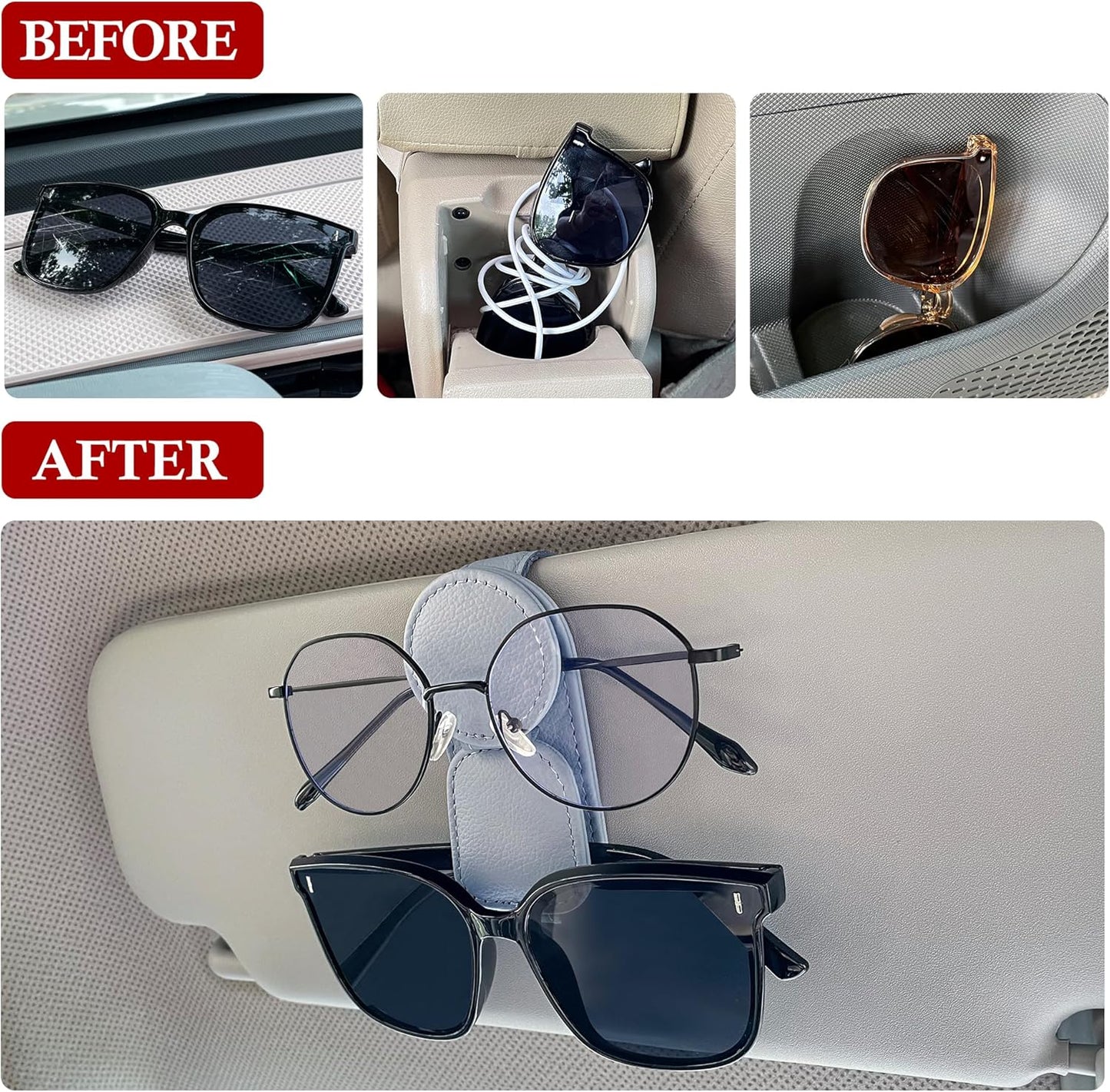 KIWEN Sunglasses Holder for Car Visor, Magnetic Leather Sunglass Eyeglass Hanger Clip for Car Sun Visor Accessories (1, Black)