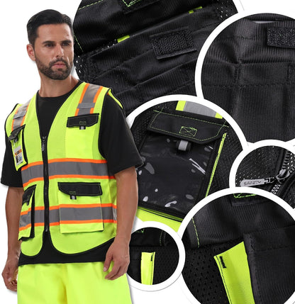 JKSafety Hi Vis Reflective Safety Vests for Men Women High Visibility Vest with Pockets Mesh Fabric Construction Safety Apparel Neon Vest for Work (220-Black L)