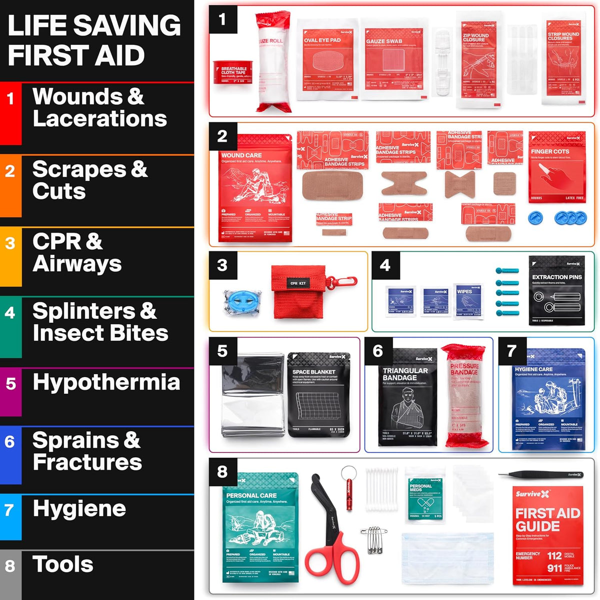 SurviveX Small First Aid Kit for Car, Travel & Home - Emergency Kit for Hiking, Camping, Backpacking and Outdoors - Includes Zip Stitch Wound Closure Strips