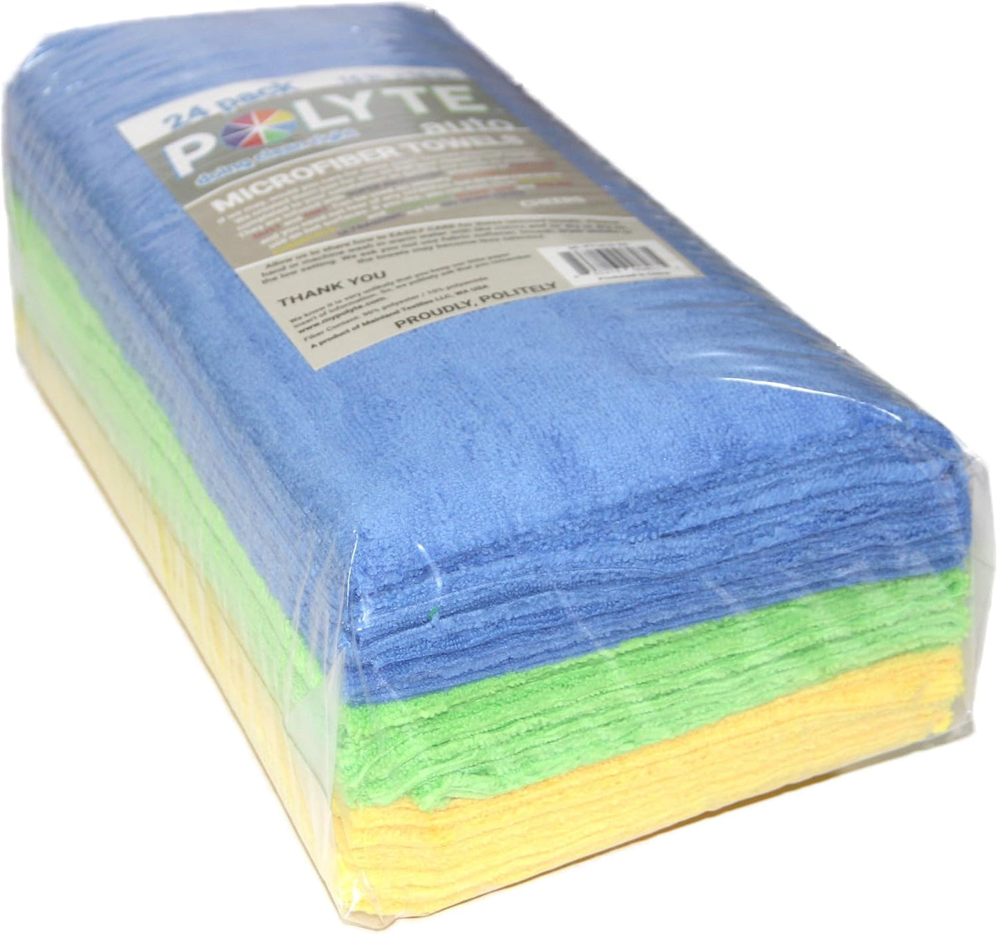 POLYTE Microfiber Cleaning Towel Ultrasonic Cut Edgeless (16x16, 24 Pack, Premium, Blue,Gray,Yellow)