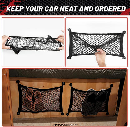 RED WOLF 2 Pcs Universal Cargo Net Pocket Elastic Mesh Netting Car Mesh Pouch for Trunk RV Boats Home Cargo Storage Mesh with Screws and Hooks (25.6'' x 9.8'')