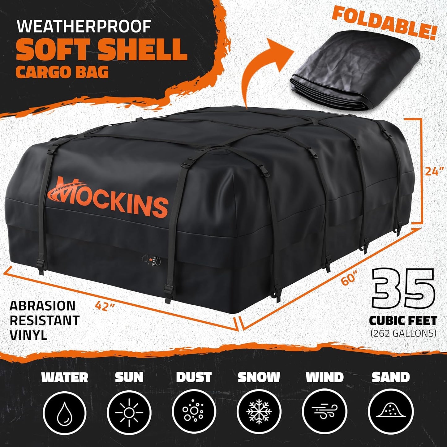 Mockins 35 Cu Ft Black Rooftop Cargo Carrier Bag 60"x42"x24" w/Accessories | Roof Bag Cargo Carrier for Top of Vehicle | Vehicle Soft-Shell Carriers for Car Roof Storage | Use with or w/o Roof Rack