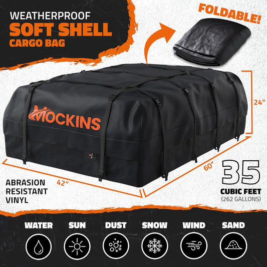 Mockins 35 Cu Ft Black Rooftop Cargo Carrier Bag 60"x42"x24" w/Accessories | Roof Bag Cargo Carrier for Top of Vehicle | Vehicle Soft-Shell Carriers for Car Roof Storage | Use with or w/o Roof Rack