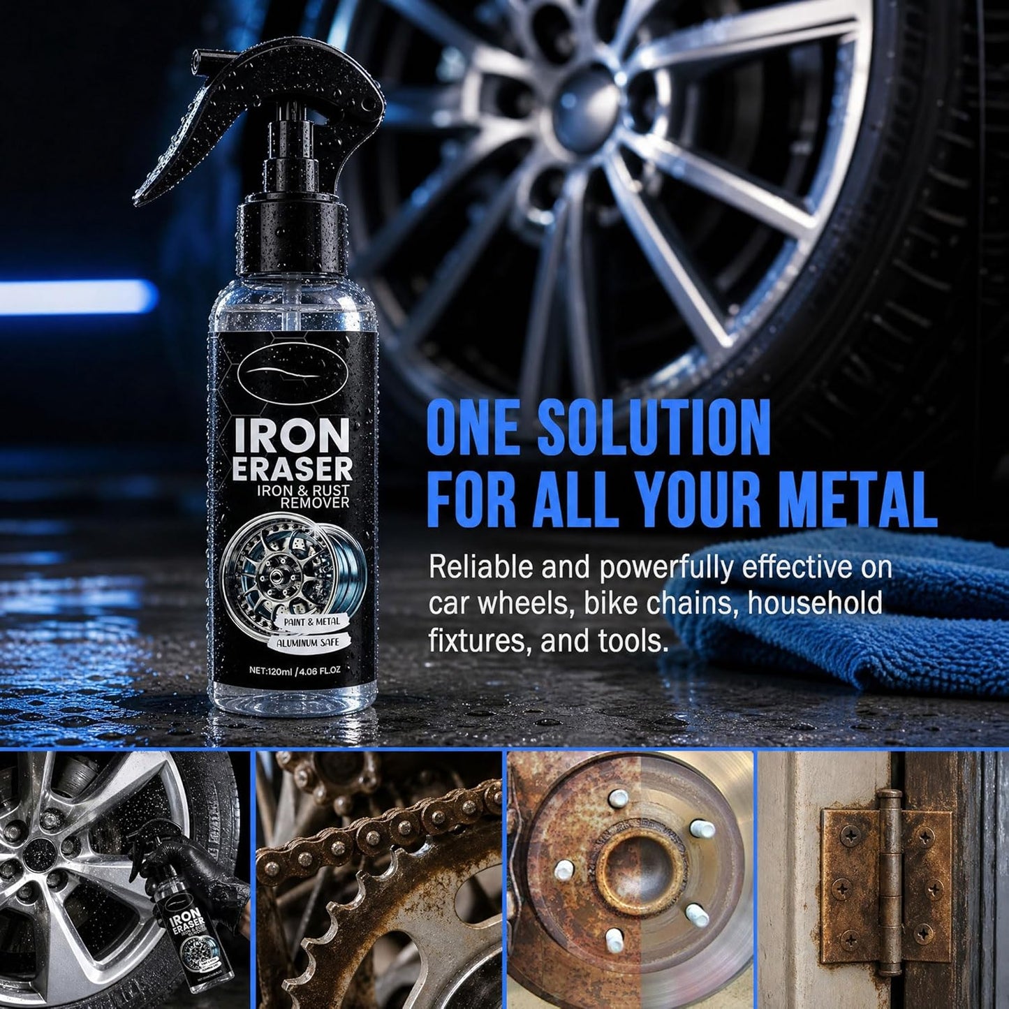 Iron Eraser Rust Remover Spray for Metal,Fast Iron Powder Remover Spray for Car Wheels, Paint & Metal Surfaces (2pcs)