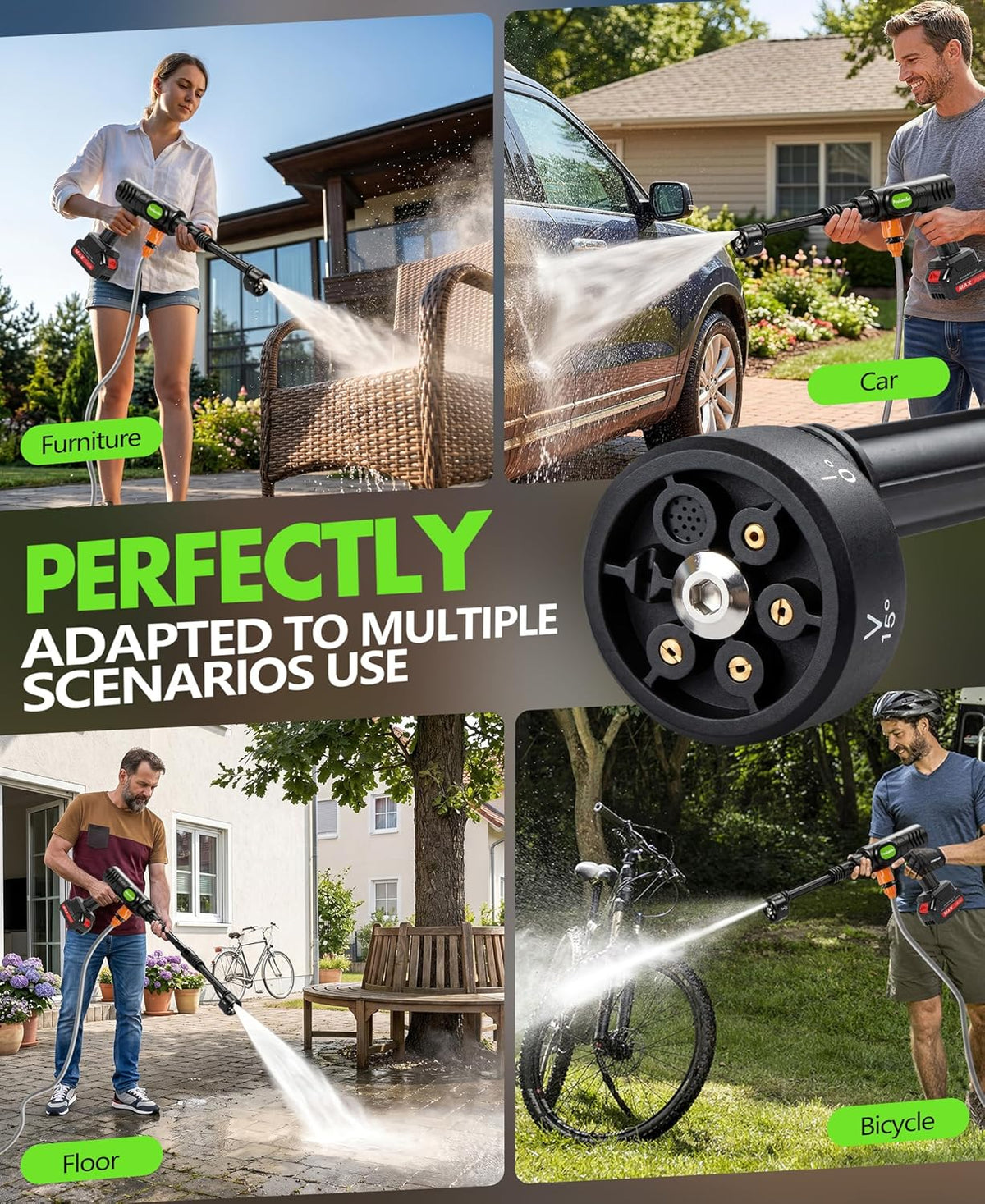 PoolLeader Cordless Car Washing Tool, Portable Vehicle Cleaner with 6-in-1 Nozzle & Foam Cannon, Battery Operated Cordless Car Wash Spray, Handheld Wash Machine for Car, Patio, Home - Lime Green