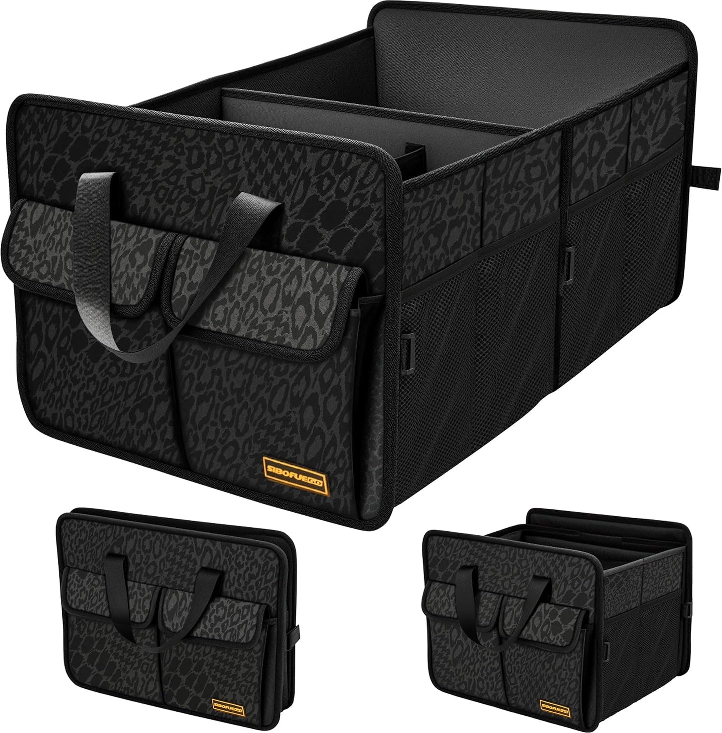 SIBOFUEGO Sturdy Car Trunk Organizer – Large Capacity Trunk Organizer for SUVs & Sedans, Hard-Shell One-Piece Design with Cute Print, Collapsible and Durable Car Organizers (Black Leopard 70L)