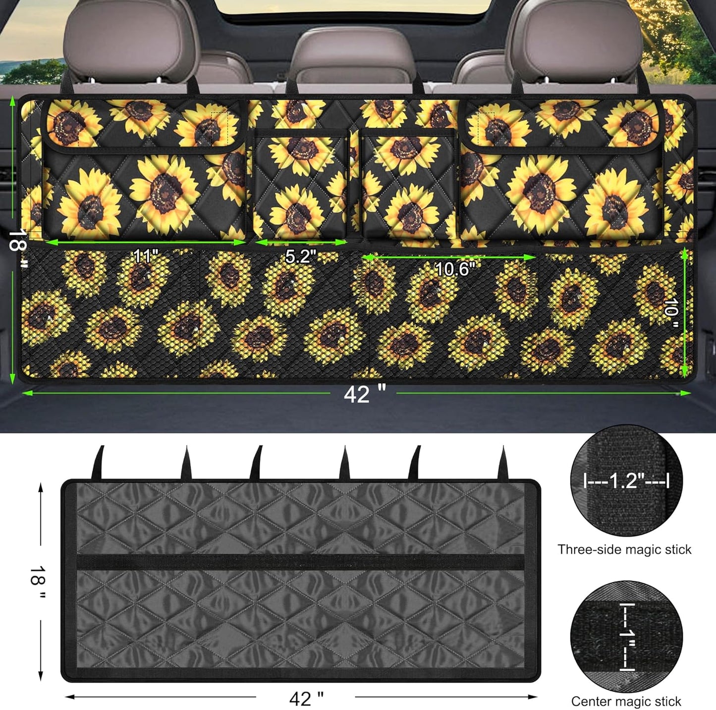 Femuar Car Trunk Organizer, Large Capacity Backseat Trunk Organizer (42"*18"), Collapsible Car Storage Bag with 8 Pockets, SUV/MPV/Truck - Black