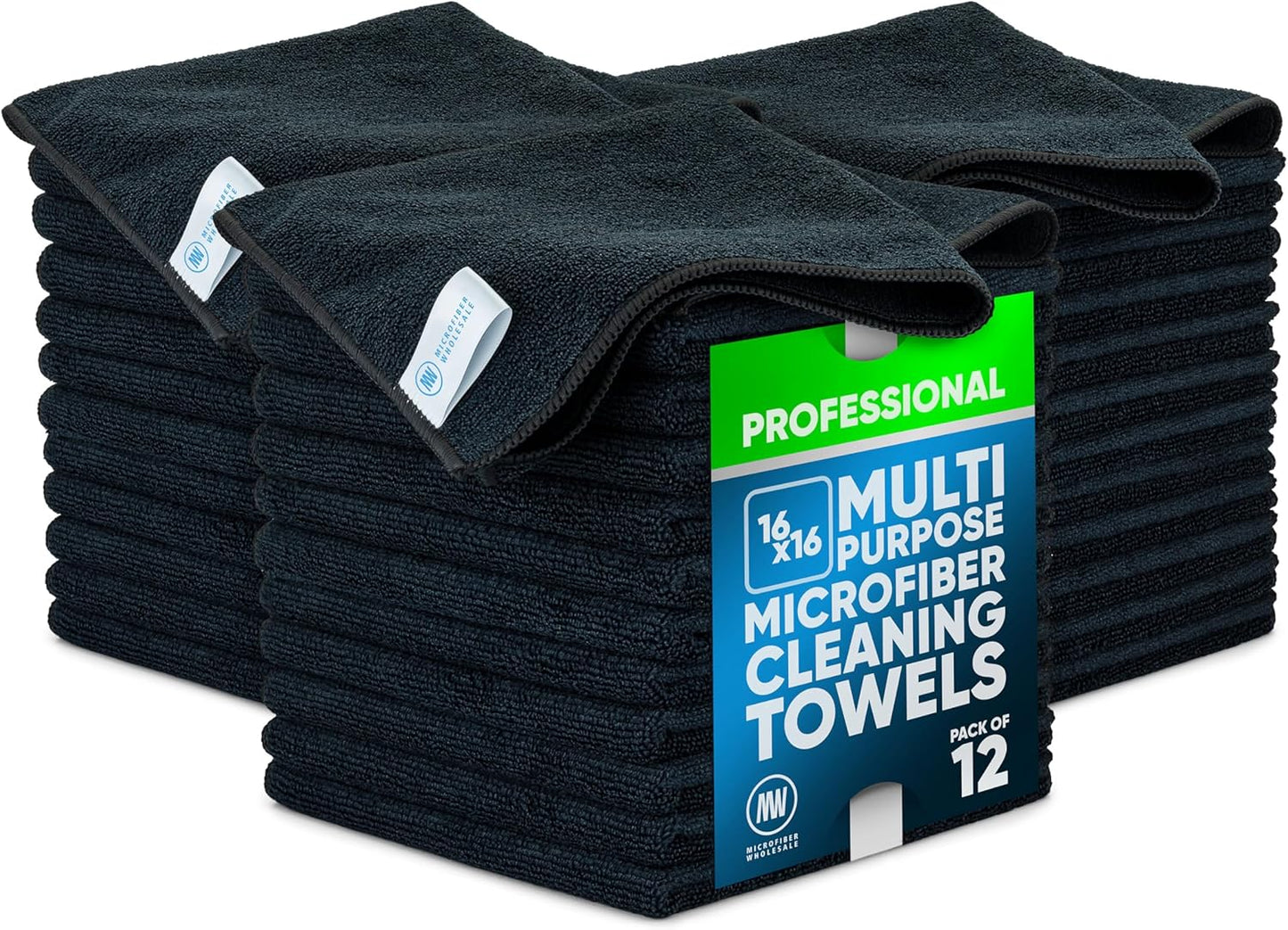 Microfiber Wholesale MW Pro 16x16 Auto Detailing Towels - Plush Car Drying Cloths for Wax Removal, Interiors & Body Shops - Scratch Free (Black, 12-Pack)