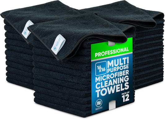 Microfiber Wholesale MW Pro 16x16 Auto Detailing Towels - Plush Car Drying Cloths for Wax Removal, Interiors & Body Shops - Scratch Free (Black, 12-Pack)