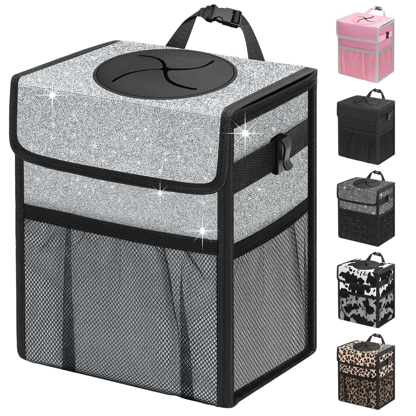 Capolo Car Trash Can with Lid, Leakproof Car Trash Bag Hanging Waterproof Automotive Garbage Can with Storage Pockets Mini Vehicle Trash Bin for Back/Front Seat(Black,2.5 Gallon)
