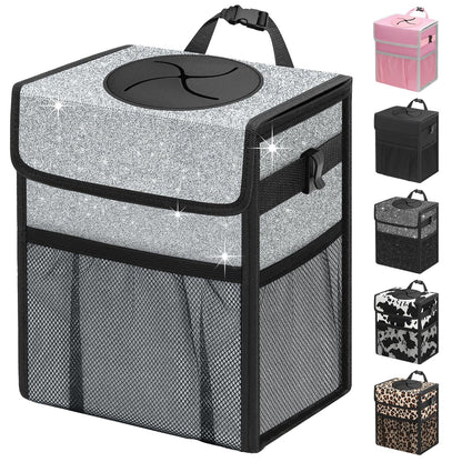 Capolo Car Trash Can with Lid, Leakproof Car Trash Bag Hanging Waterproof Automotive Garbage Can with Storage Pockets Mini Vehicle Trash Bin for Back/Front Seat(Black,2.5 Gallon)