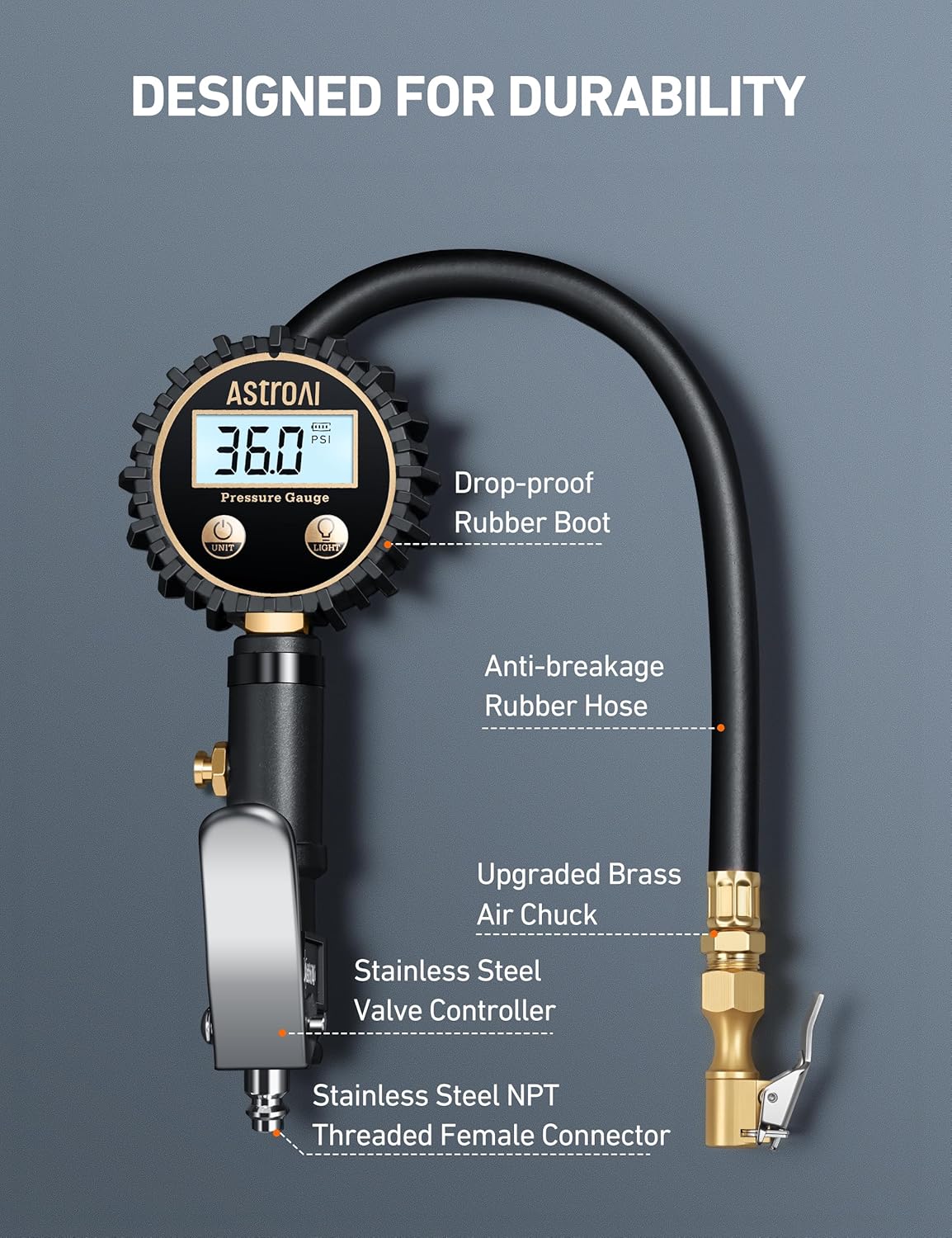 AstroAI Digital Tire Pressure Gauge with Inflator(3-250 PSI 0.1 for Display Resolution), Heavy Duty Air Chuck and Compressor Accessories with Rubber Hose and Quick Connect Coupler, Blue