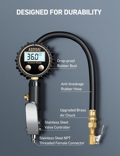 AstroAI Digital Tire Pressure Gauge with Inflator(3-250 PSI 0.1 for Display Resolution), Heavy Duty Air Chuck and Compressor Accessories with Rubber Hose and Quick Connect Coupler, Blue