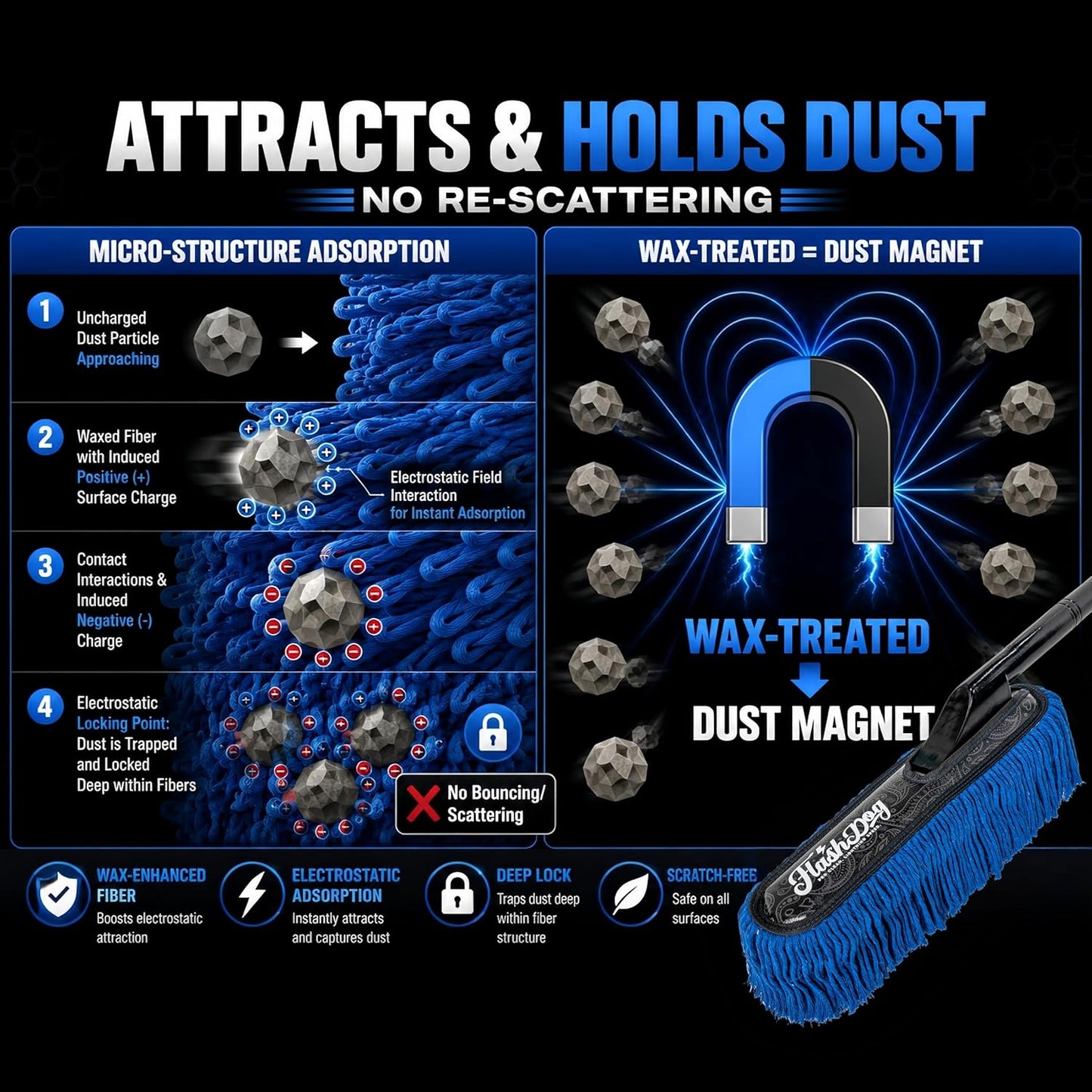 Flash Dog Car Duster Exterior & Interior Duster Aluminum Alloy Extendable Handle and Wax Cotton Strands Scratch-Free Cleaning for Cars, SUVs, RVs | Waterless Dust & Pollen Remover