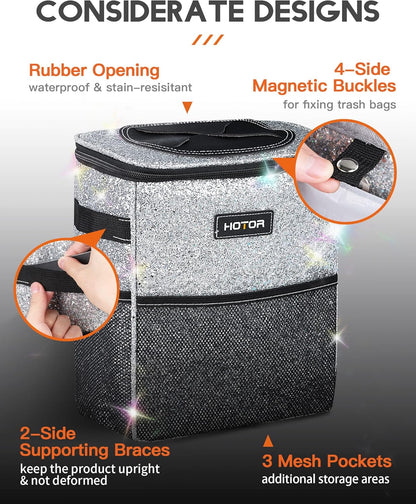 HOTOR Car Trash Can with Lid and Storage Pockets - 100% Leak-Proof Organizer, Waterproof Garbage Can, Multipurpose Trash Bin for Car, 2 Gallons, Black