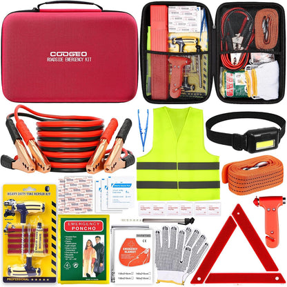 Car Roadside Emergency Kit with Battery Jumper Cables,Car Accessories for Men or Women,Automotive Safety Kit for Car,Vehicle, Truck or SUV,Gifts for Men or Him,Green