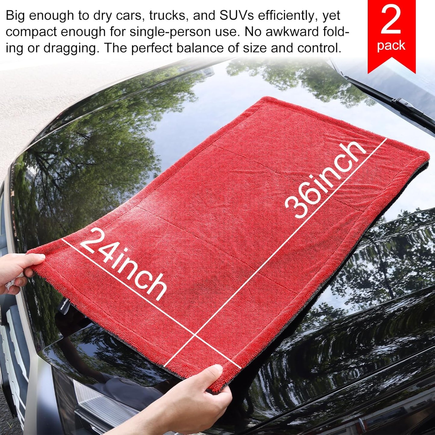 2 Pack XL Car Drying Towel – 1300GSM Ultra Absorbent Microfiber, 24"x36" Large Size, Twisted Loop, Lint-Free & Streak-Free for Auto Detailing, Car, SUV, Truck (Gray-Gray)