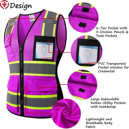 Reflective High Visibility Safety Vest for Men Women with Pockets Zipper Front Meets ANSI/ISEA Standards