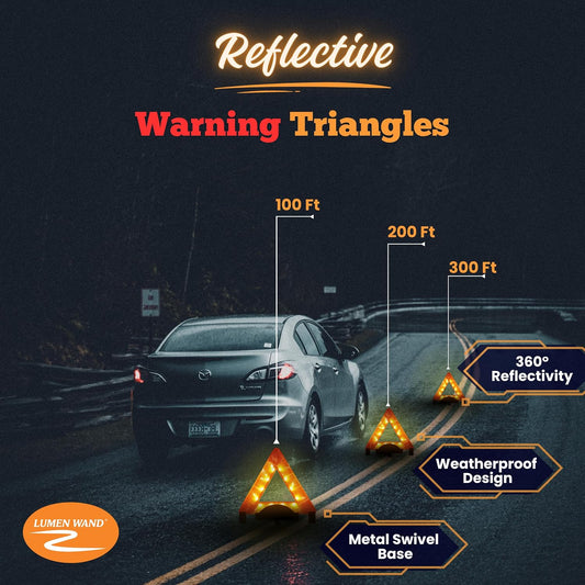 Lumen Wand Reflective Warning Triangle with LED Lights for Road Safety Metal Base | Internal LED with External Reflectors Emergency Triangle for Car Breakdowns