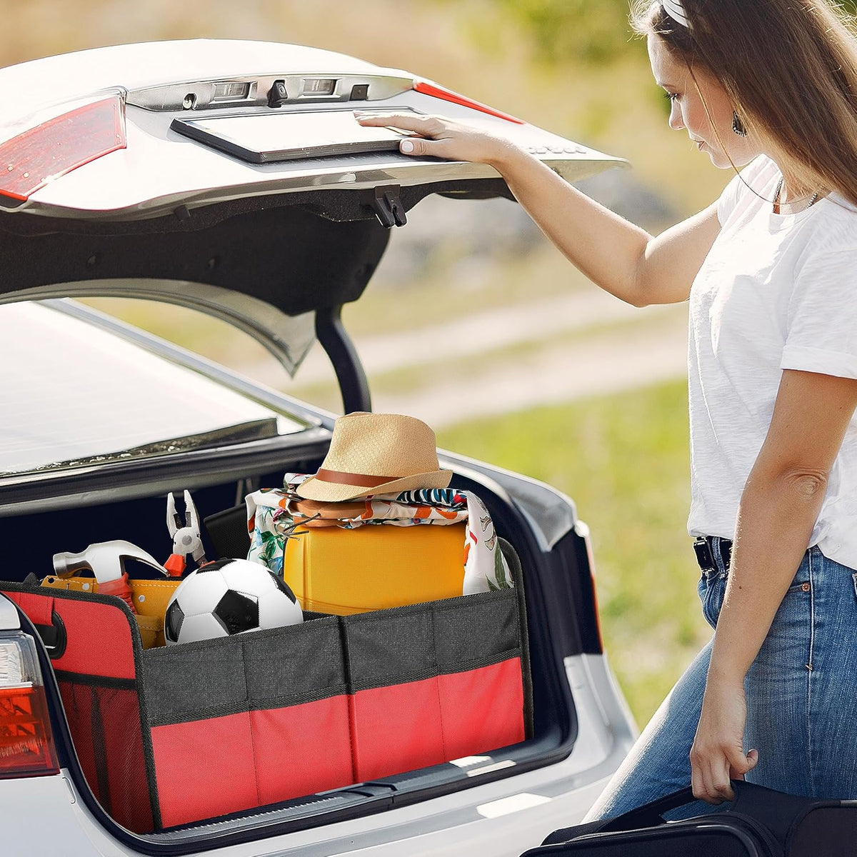 YSSOA Car Trunk Organizer, 2 Compartments Anti-slip 14" D x 22" W x 12" H Collapsible Trunk Storage, 600D Oxford Polyester Car Storage, Suitable for SUV, Minivan, Truck, Black