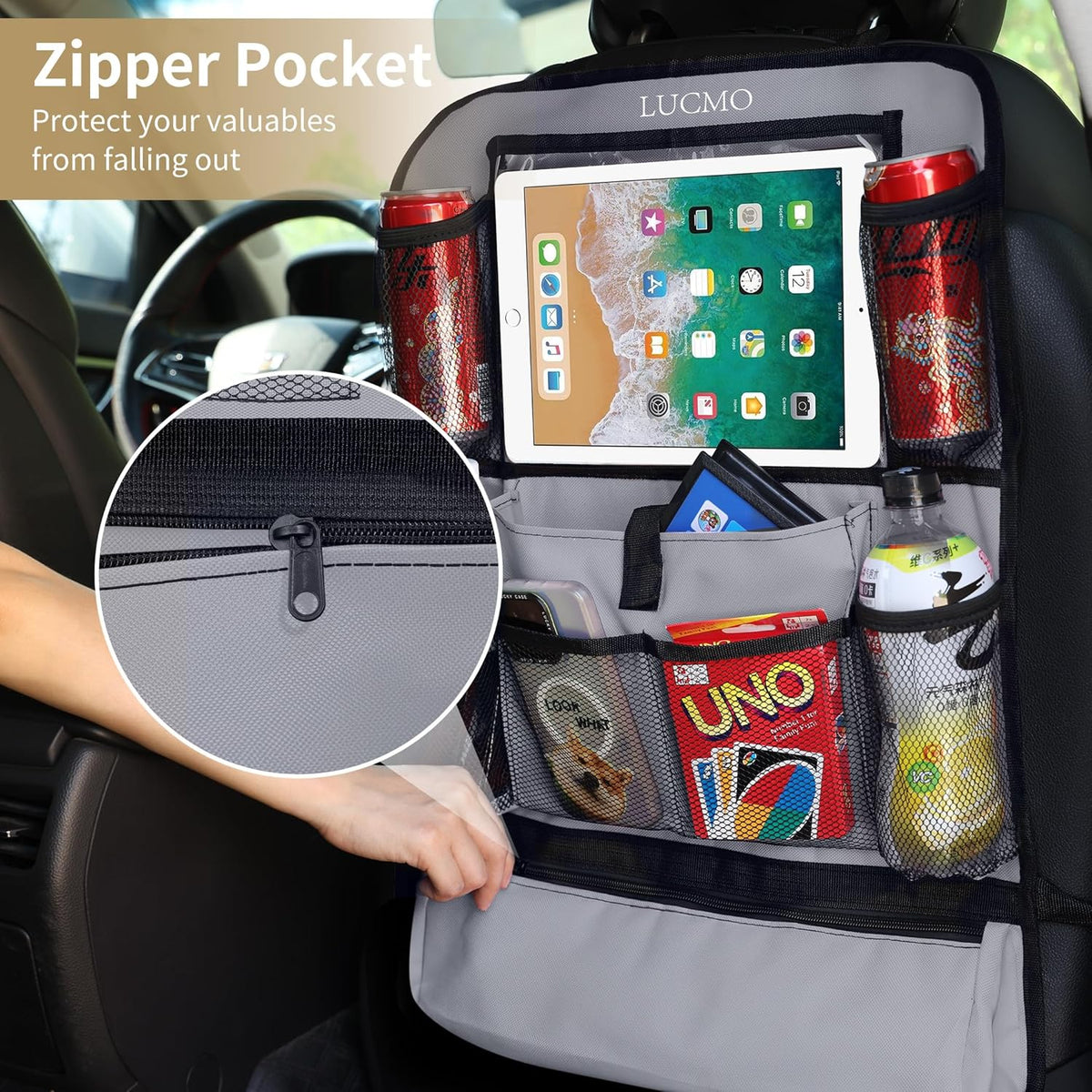 LUCMO Car Backseat Organizer with Tablet Holder,6 Storage Pockets Car Storage Organizer with Foldable Food Tray,Protectors Kick Mats Travel Accessories-Black
