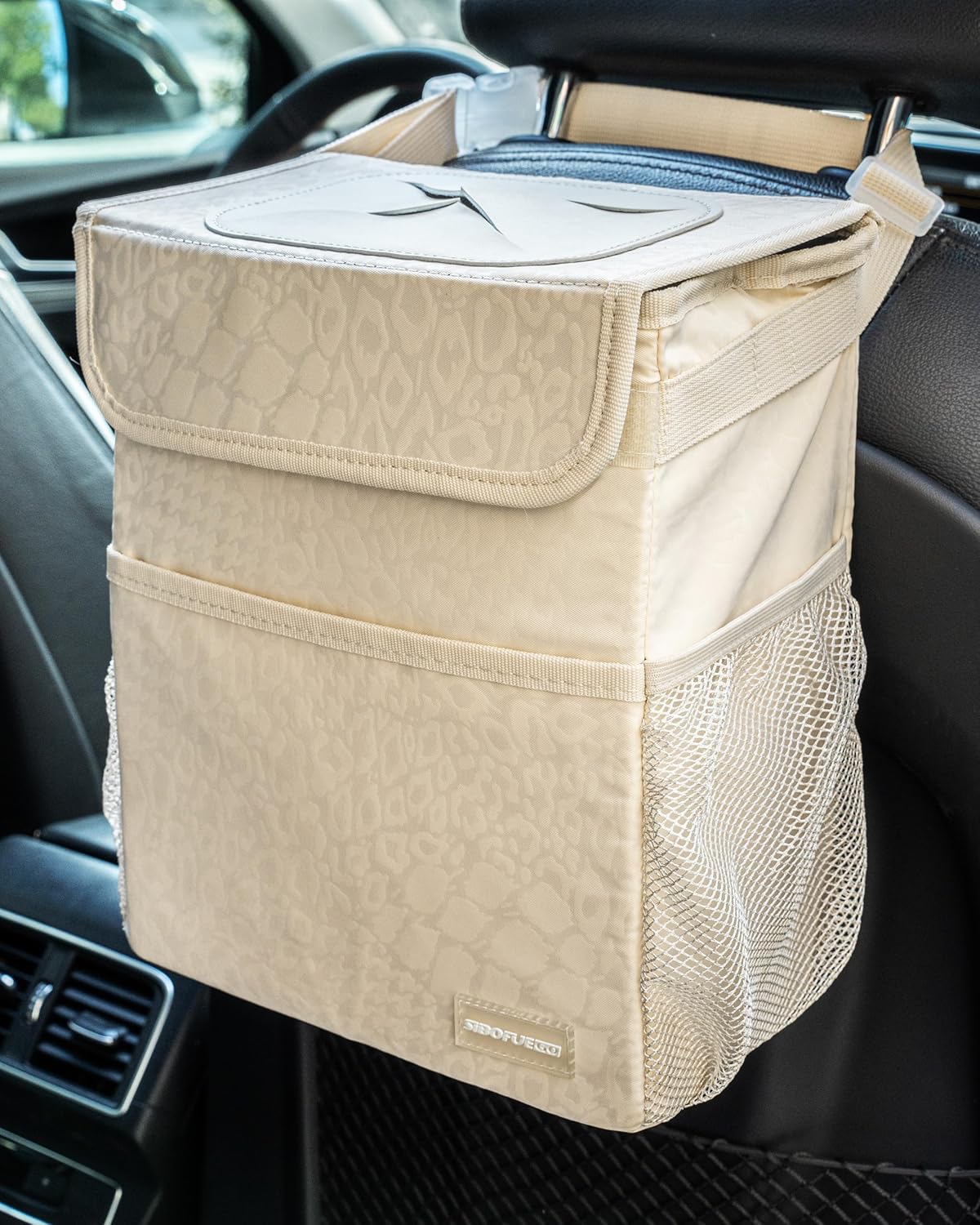SIBOFUEGO Cute Car Trash Can with Lid – Multipurpose Collapsible Trash Bin for Car, Leak-Proof Organizer, Waterproof Garbage Can with Storage Pockets & Adjustable Straps, 2 Gallons (Black Leopard)