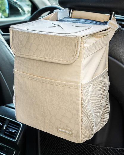 SIBOFUEGO Cute Car Trash Can with Lid – Multipurpose Collapsible Trash Bin for Car, Leak-Proof Organizer, Waterproof Garbage Can with Storage Pockets & Adjustable Straps, 2 Gallons (Black Leopard)