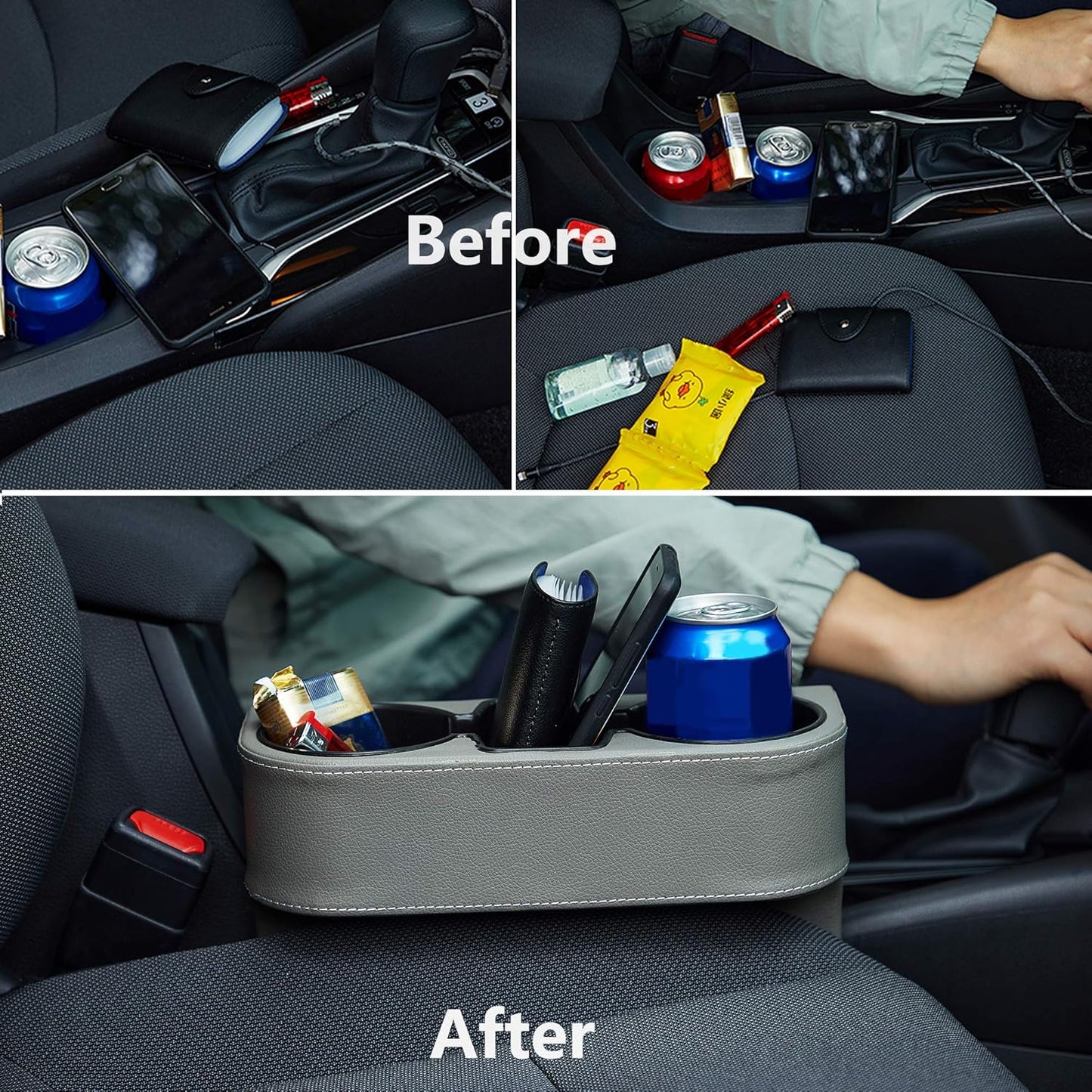 IOKONE Car Cup Holder, Auto Cup Drink Holders，Multifunctional Auto Front Seat Organizer with PU Leather Cover, Gap Filler Storage Box Coin Bucket Console Side Pocket Cell Mobile Phone Holder (Black)